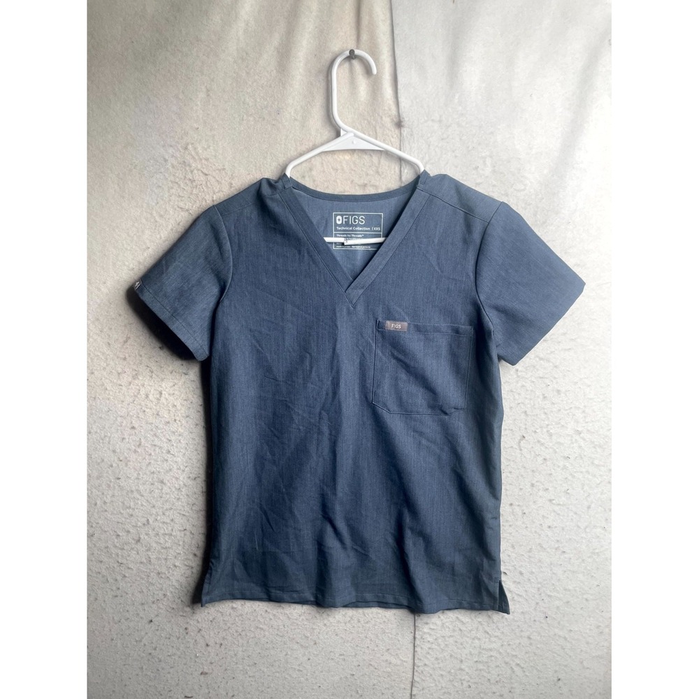 Figs Catarina One Pocket Scrub Top Women 2XS Blue V Neck Side Slit Nurse Medical